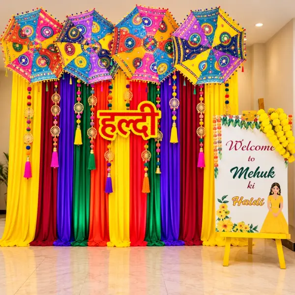 Colourful Umbrella Haldi Decor 