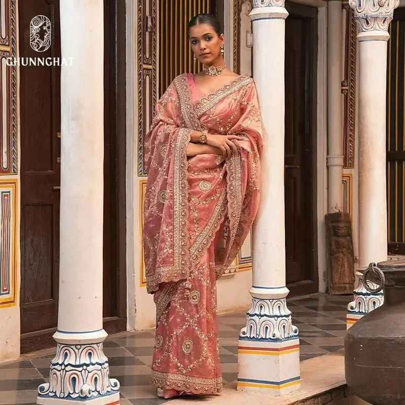 Woman in a red saree standing in a heritage doorway between carved pillars
